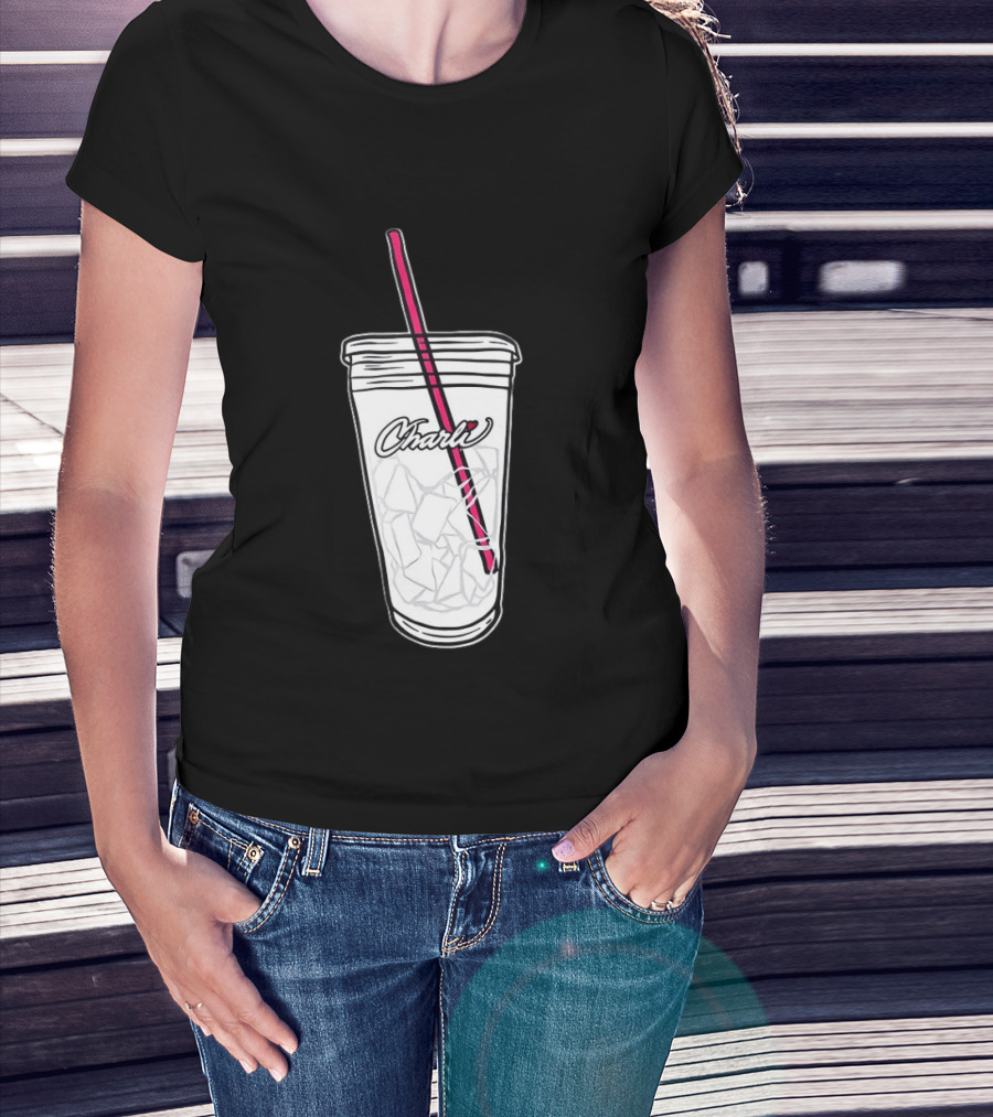 Charli Iced Coffee Cup Pink Straw Sketch T-Shirt