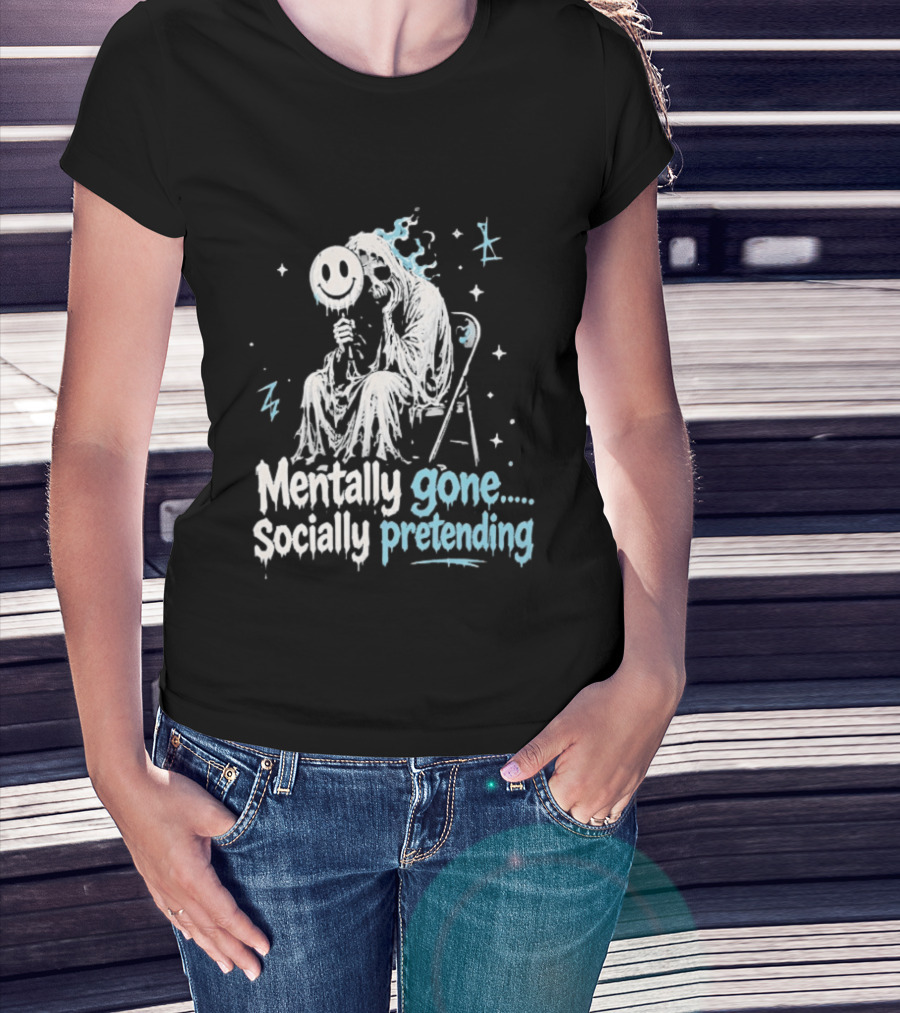 Mentally Gone Socially Pretending Goth Skull On Chair T-Shirt