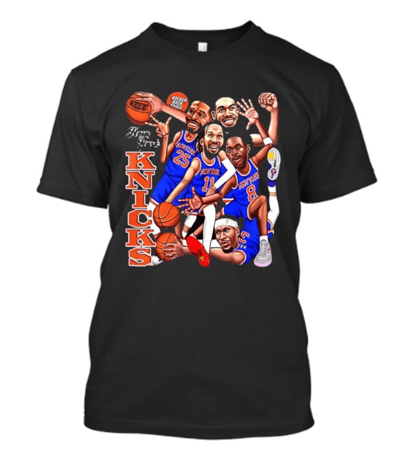 New York Knicks Starting Five 2026 Caricature Dunk Basketball Hoops T-Shirt