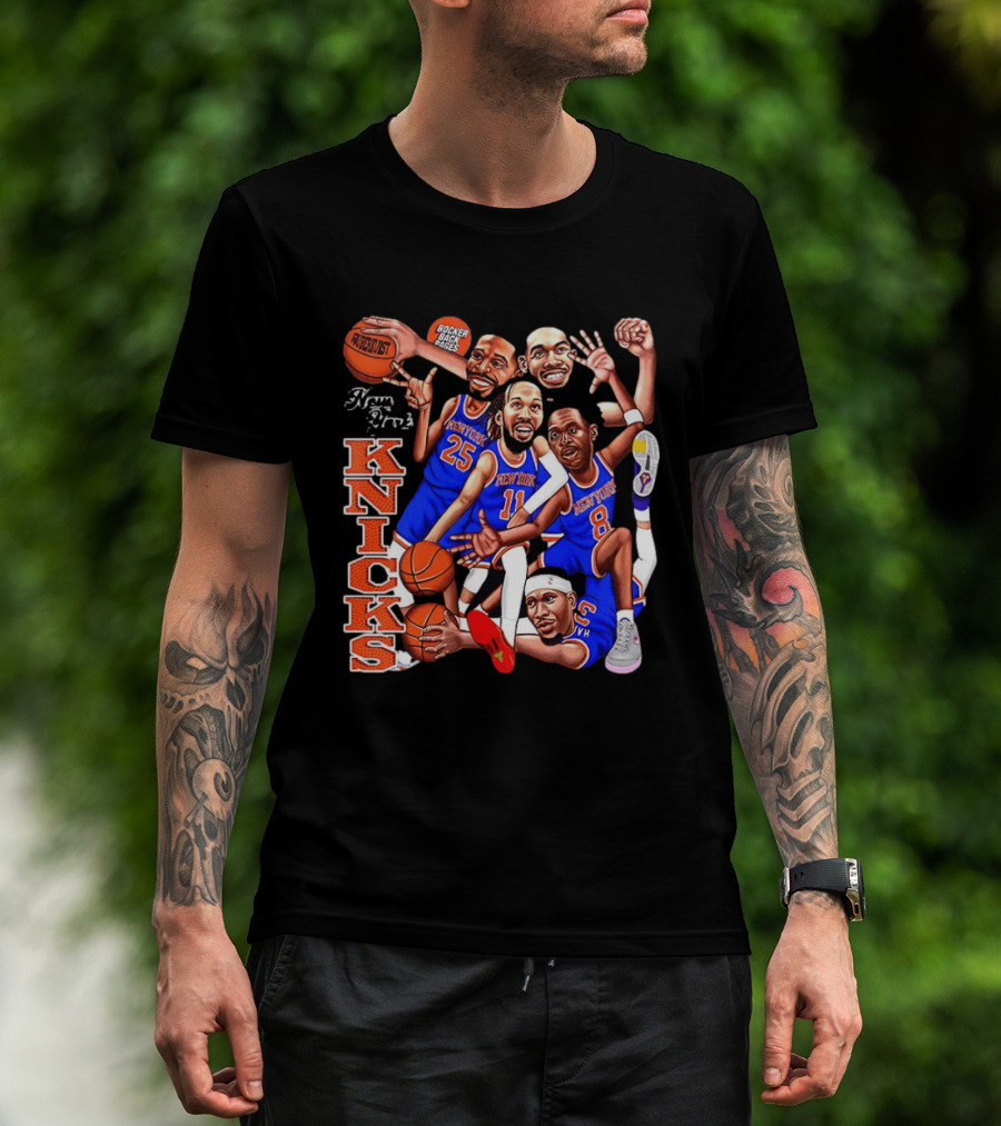 New York Knicks Starting Five 2026 Caricature Dunk Basketball Hoops T-Shirt