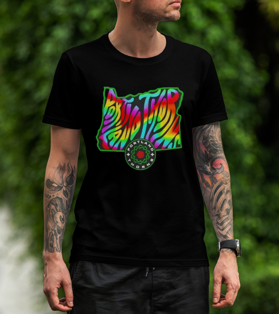 Portland Thorns Groovy Pride State Oregon Map Rainbow T-Shirt