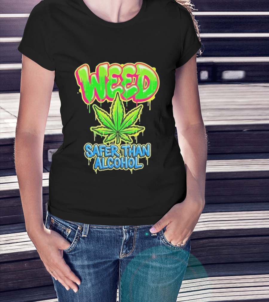 Weed Safer Than Alcohol Leaf Bright Graffiti T-Shirt