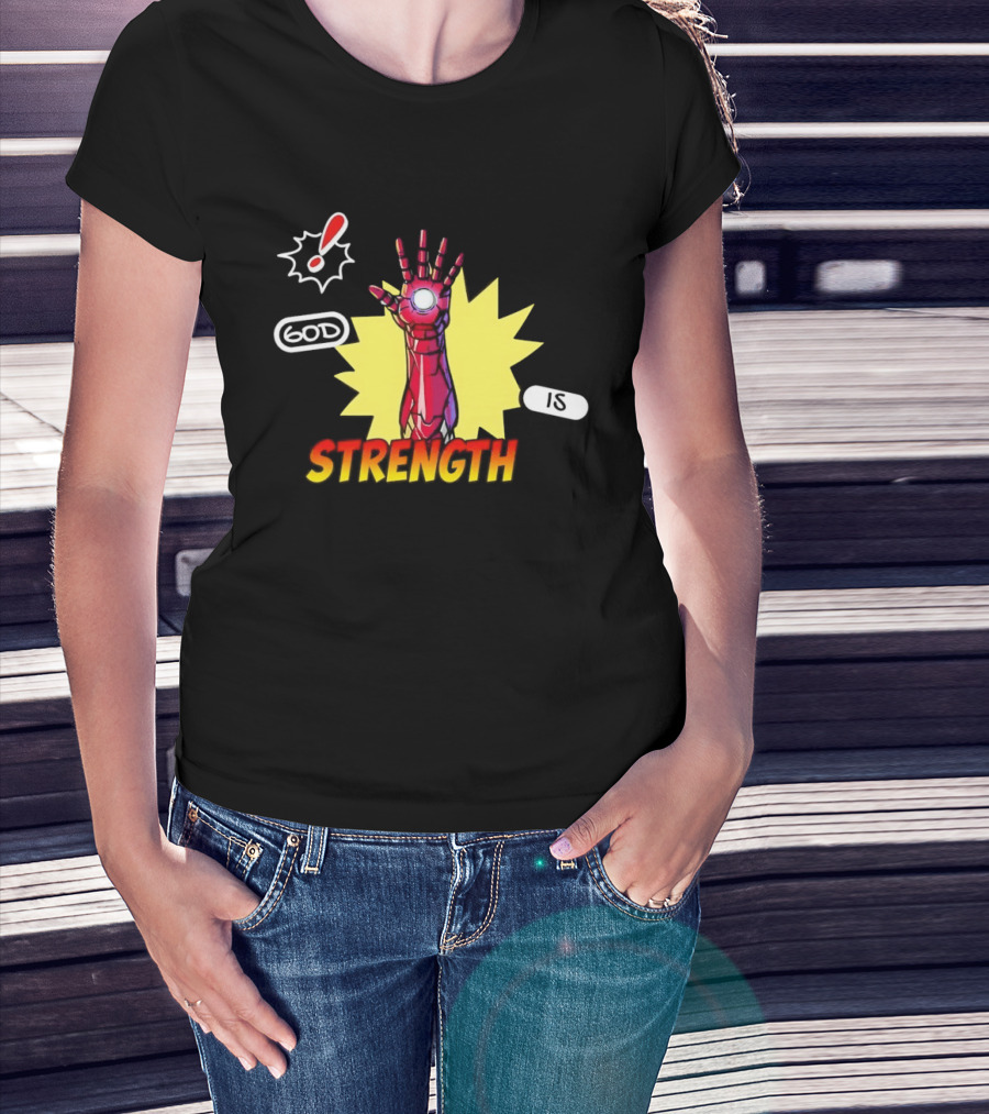 Iron Man God Is Strength Exclamation Comic Style Burst T-Shirt