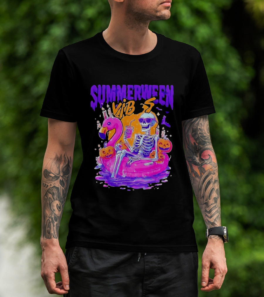 Summerween Vibes Skeleton On Flamingo With Pumpkins T-Shirt
