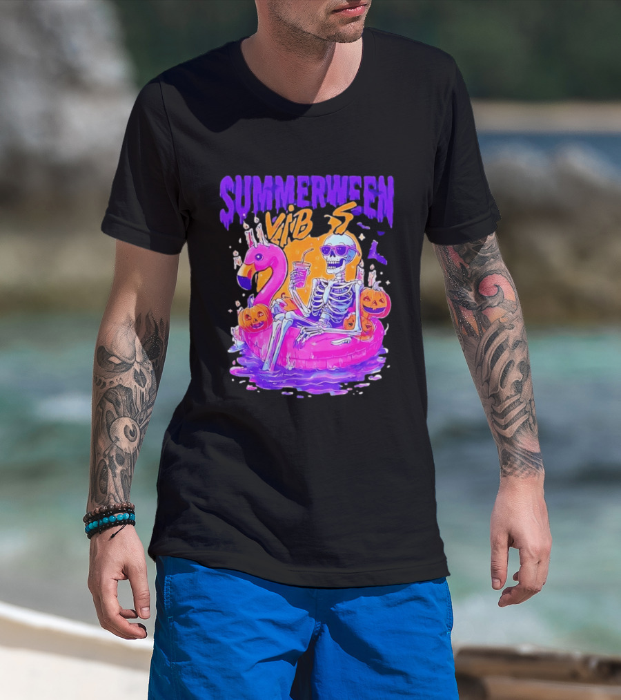 Summerween Vibes Skeleton On Flamingo With Pumpkins T-Shirt