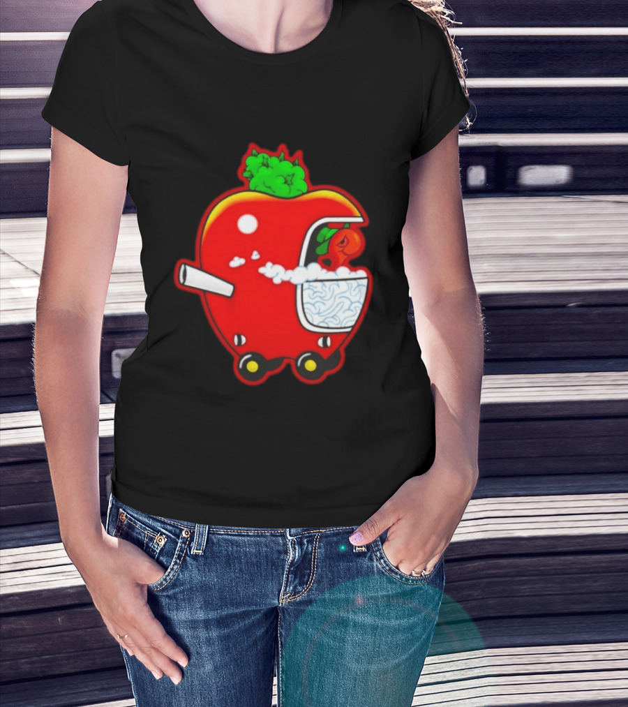Smokey Worm Apple Cartoon Red Apple With Smoke And Wheels T-Shirt