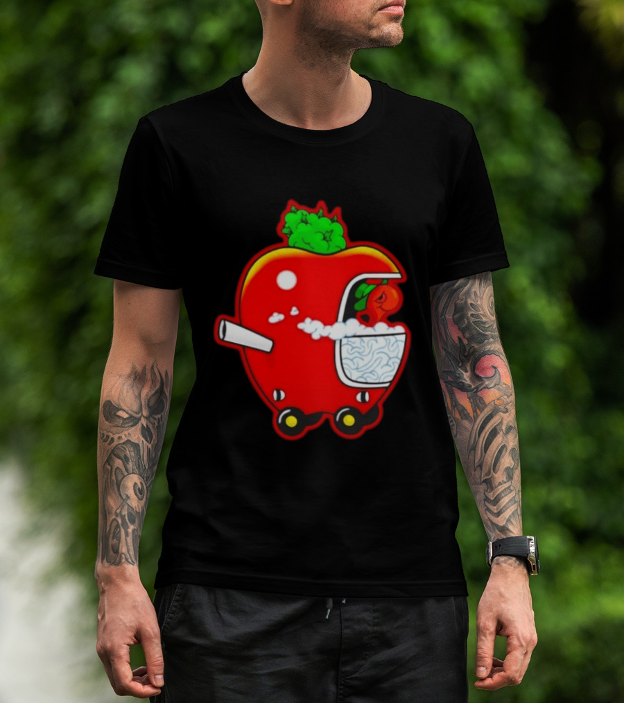 Smokey Worm Apple Cartoon Red Apple With Smoke And Wheels T-Shirt