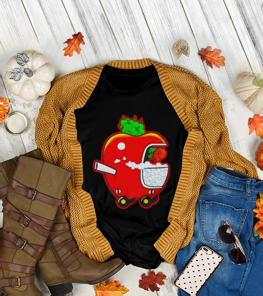 Smokey Worm Apple Cartoon Red Apple with Smoke and Wheels T-Shirt