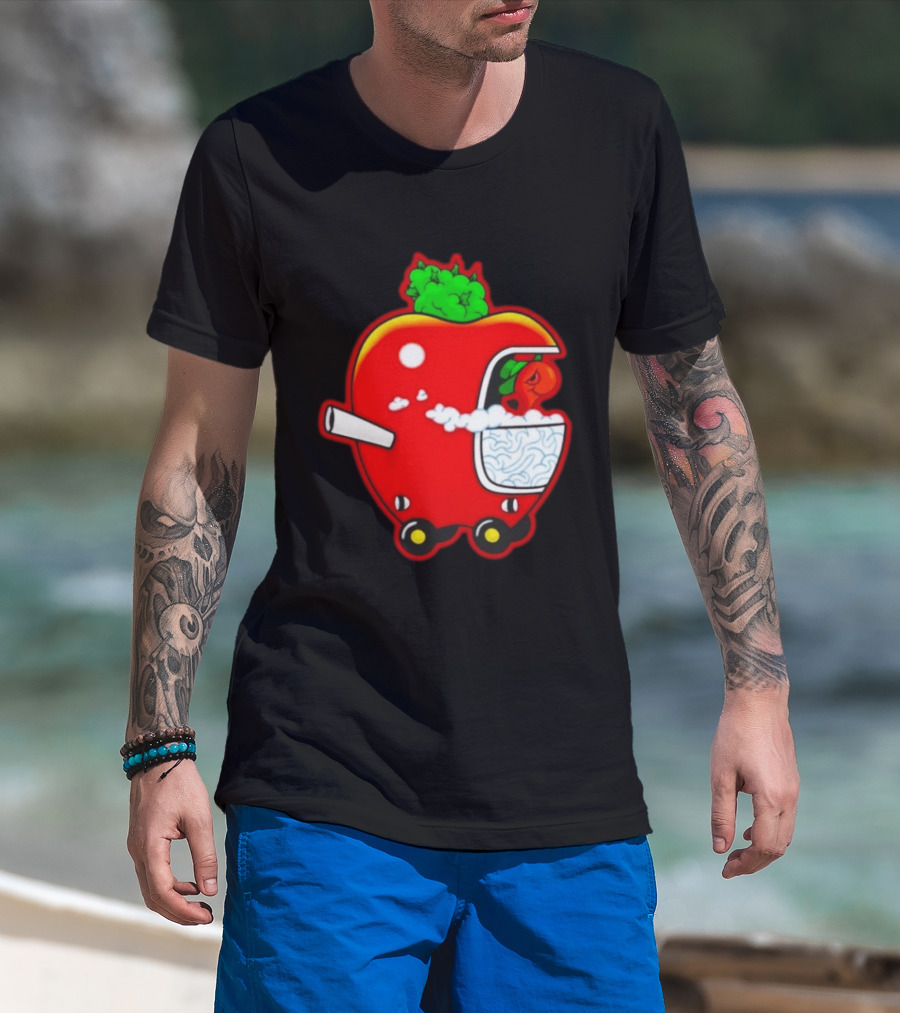 Smokey Worm Apple Cartoon Red Apple With Smoke And Wheels T-Shirt