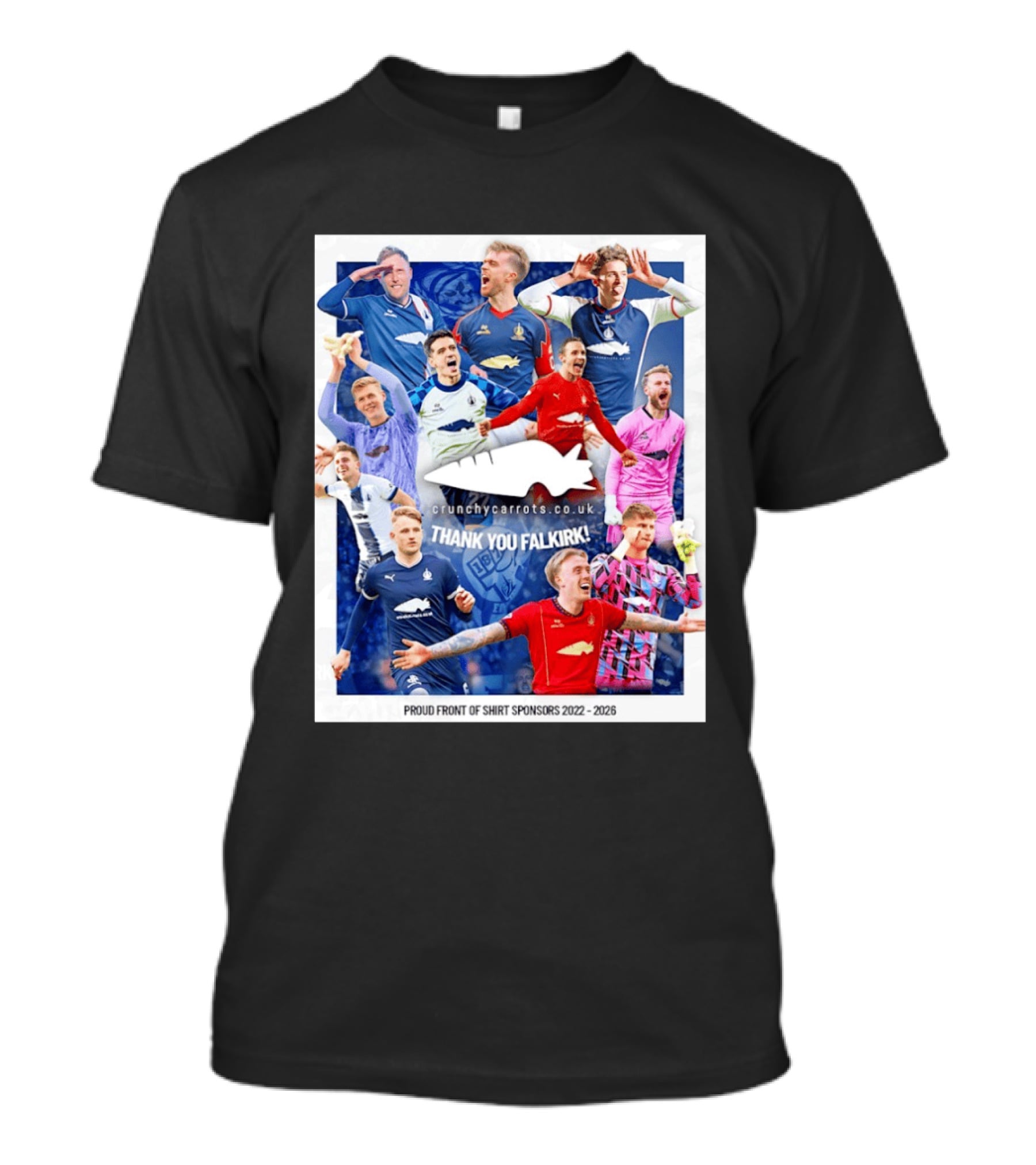 Crunchycarrots.co.uk Thank You Falkirk FC Proud Front Of Sponsors 2022 2026 T-Shirt