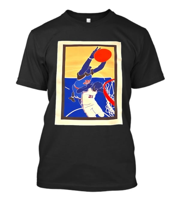 Mitchell Robinson 23 Dunking Joel Embiid 21 New York Knicks Basketball NBA 2026 T-Shirt