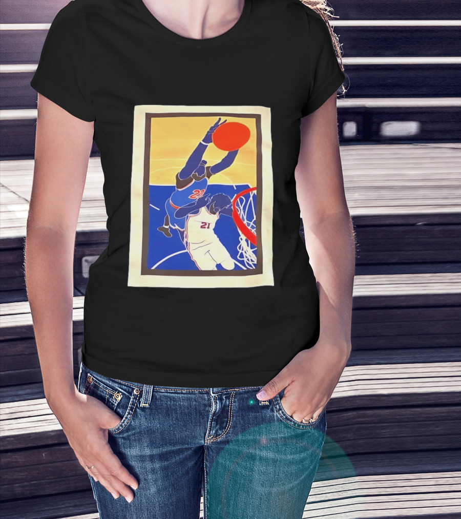 Mitchell Robinson 23 Dunking Joel Embiid 21 New York Knicks Basketball NBA 2026 T-Shirt