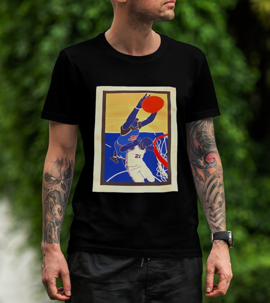 Mitchell Robinson 23 Dunking Joel Embiid 21 New York Knicks Basketball NBA 2026 T-Shirt