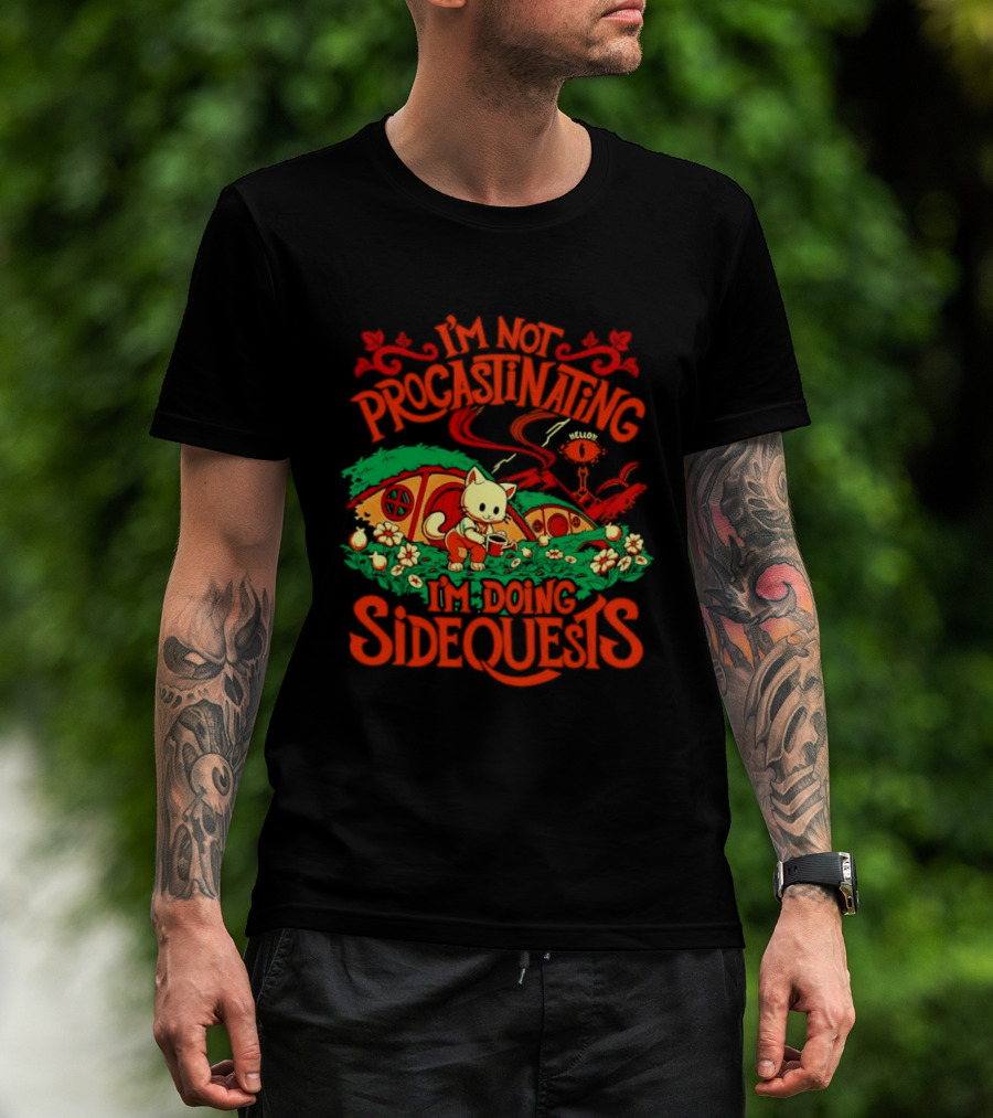 I'm Not Procrastinating I'm Doing Side Quests Cute Cat Adventure Scene T-Shirt