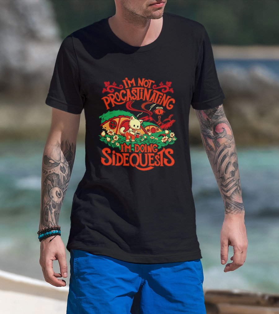 I'm Not Procrastinating I'm Doing Side Quests Cute Cat Adventure Scene T-Shirt