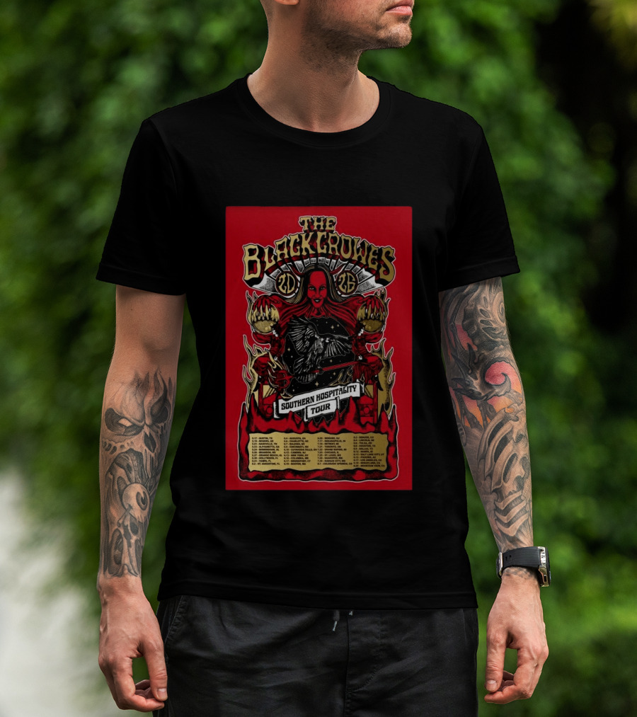 The Black Crowes Southern Hospitality Tour 2026 Red Background Gothic Crow Imagery Vintage Band Tour Dates T-Shirt