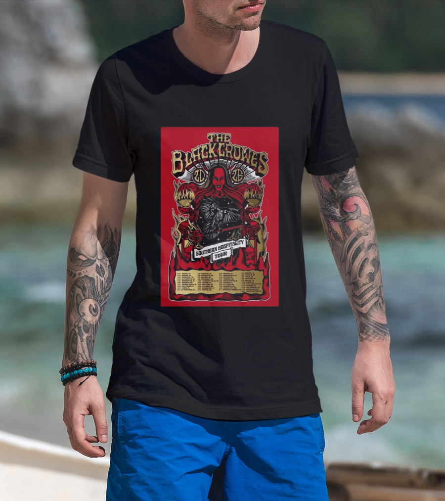 The Black Crowes Southern Hospitality Tour 2026 Red Background Gothic Crow Imagery Vintage Band Tour Dates T-Shirt
