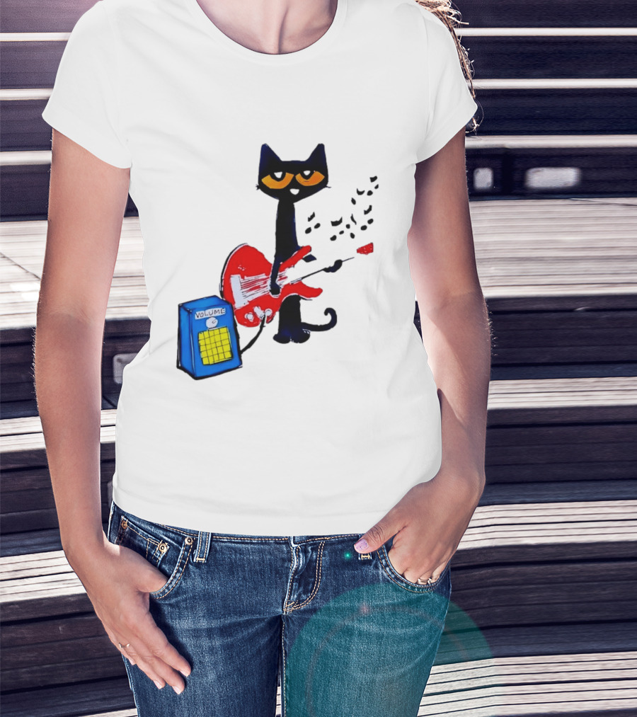 Pete The Cat Playing Red Guitar With Volume Amplifier Music Notes T-Shirt
