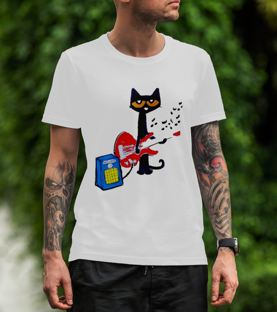 Pete The Cat Playing Red Guitar With Volume Amplifier Music Notes T-Shirt