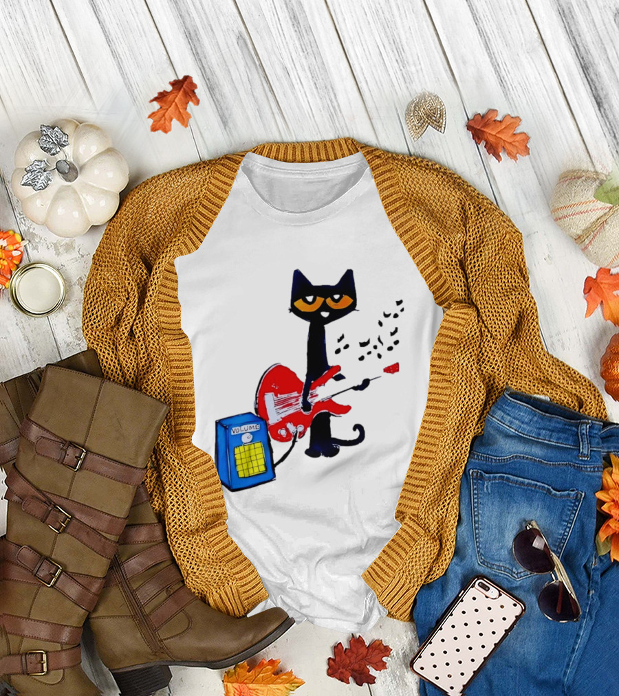 Pete The Cat Playing Red Guitar with Volume Amplifier Music Notes T-Shirt