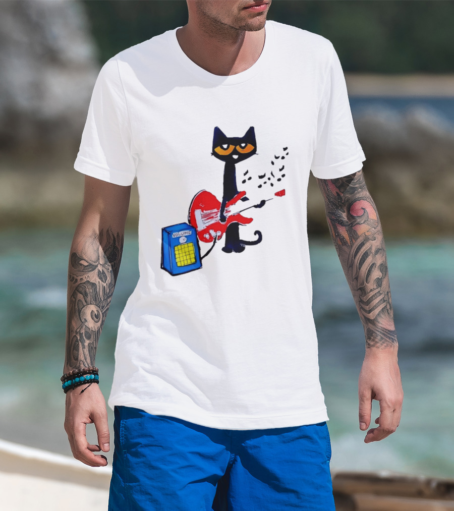 Pete The Cat Playing Red Guitar With Volume Amplifier Music Notes T-Shirt