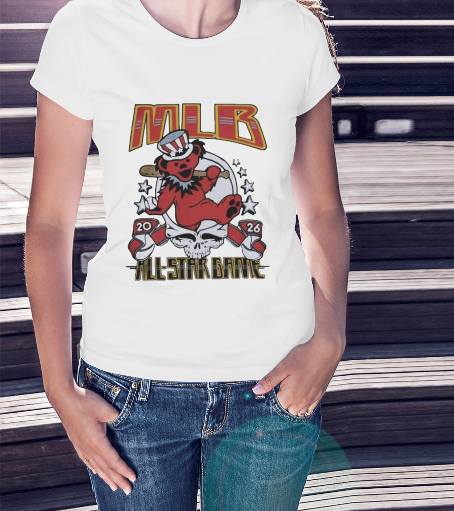 MLB 2026 All Star Game Grateful Dead Bear With Bat Patriotic Hat T-Shirt