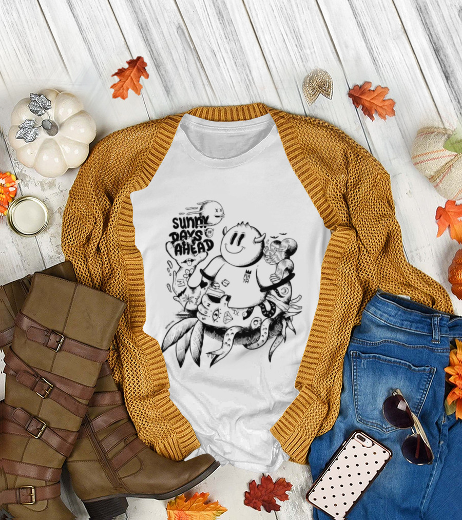 Sunny Days Ahead Monster Doodle Happy Cartoon Character with Flowers T-Shirt