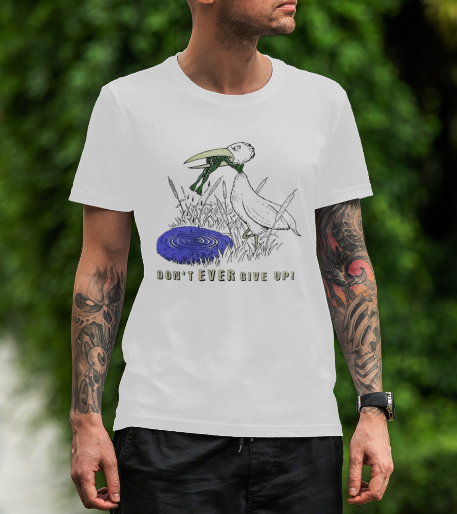 Frog Vs Bird Struggle Never Give Up Inspiring Cartoon Scene T-Shirt