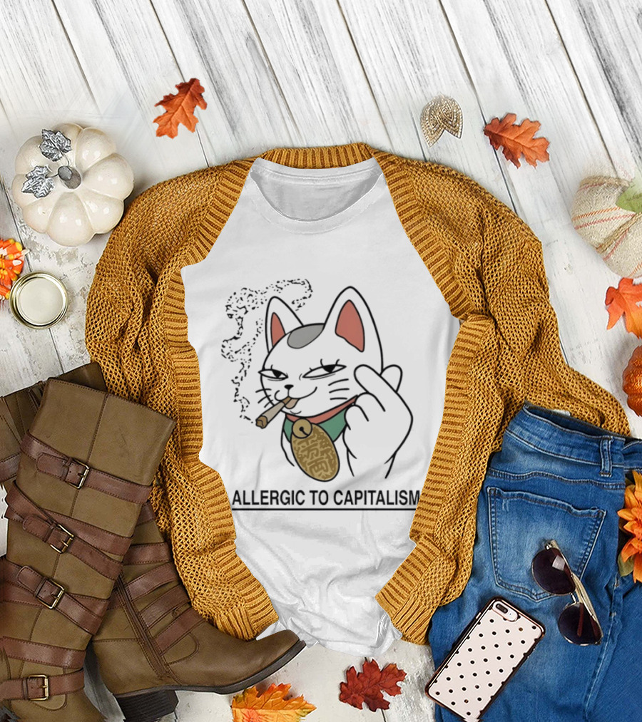 Lucky Cat Smoking Allergic To Capitalism T-Shirt