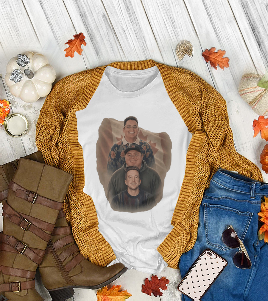 Three Smiling Men David Moss Devin Olsen Canadian Pride Flag T-Shirt