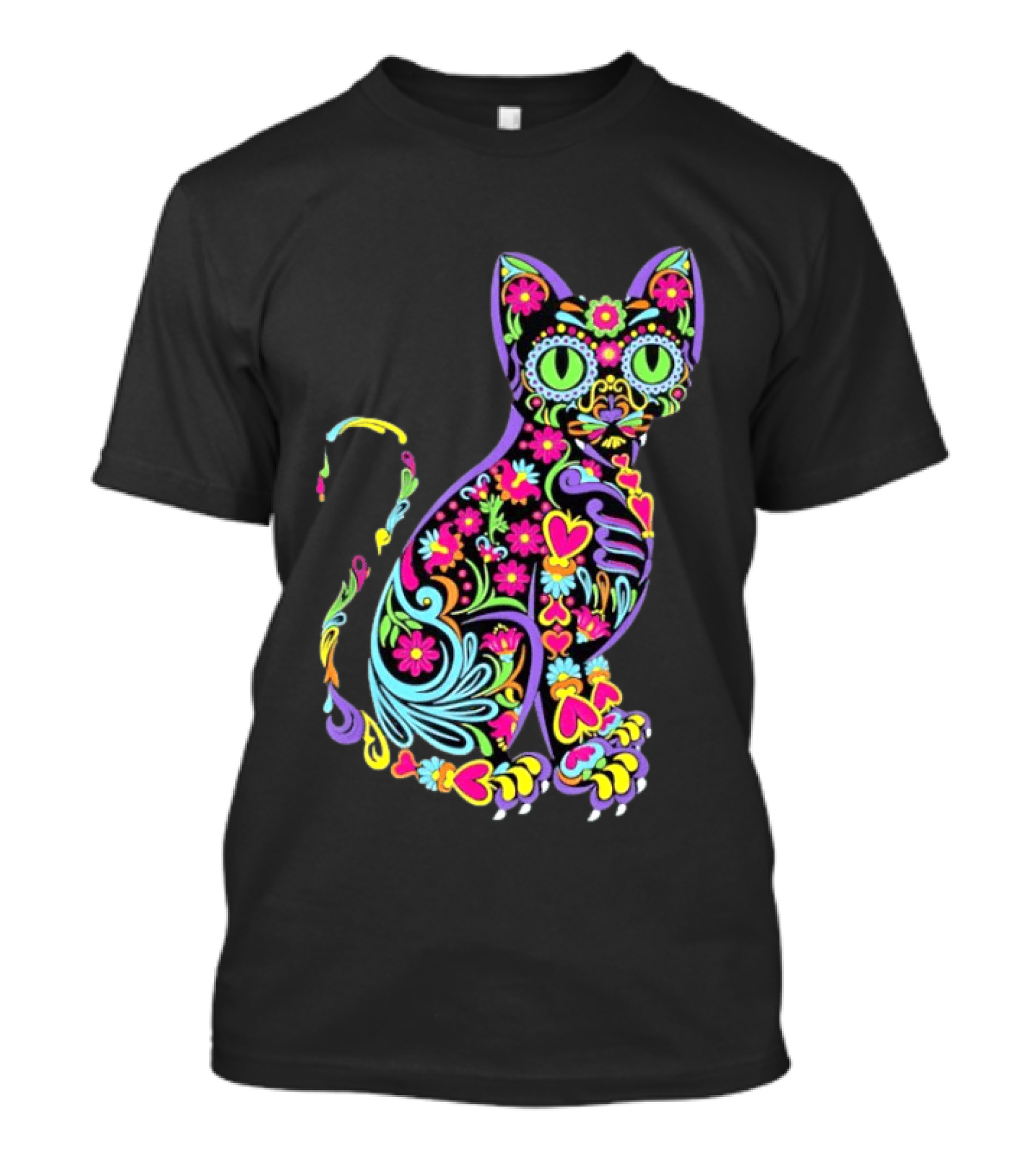 Sugar Skull Cat With Vibrant Floral T-Shirt