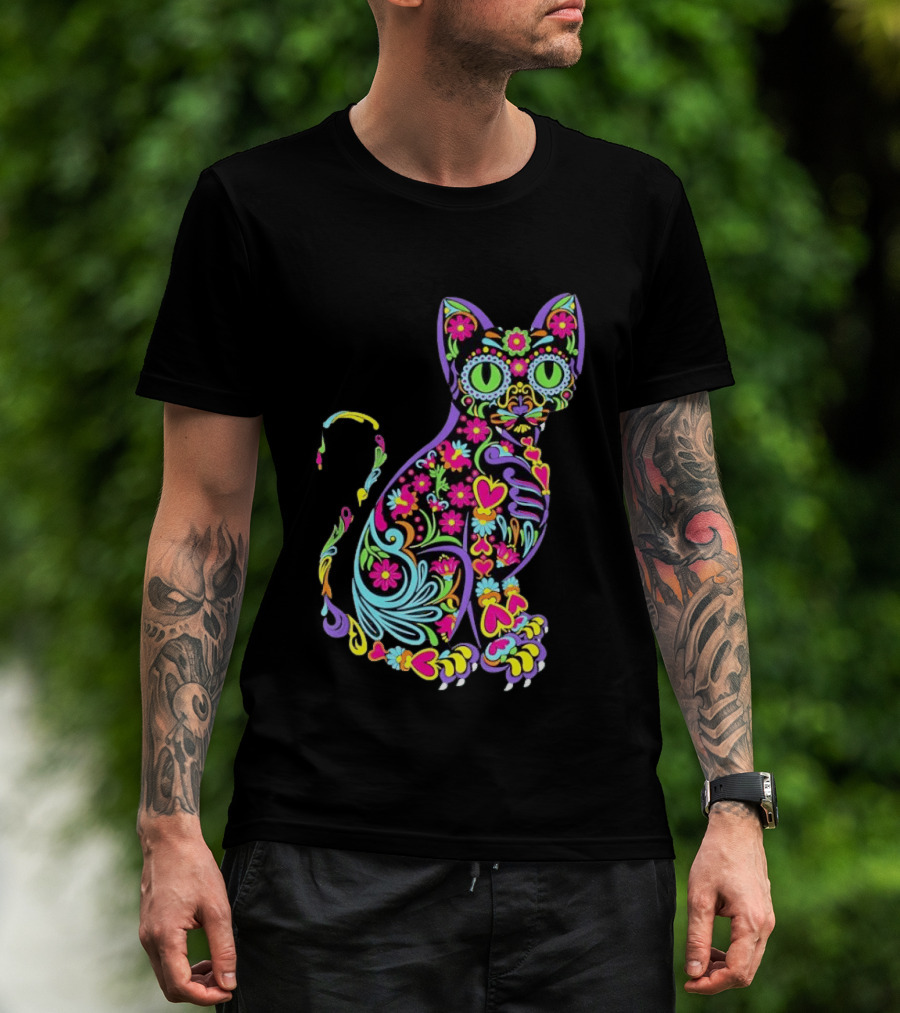 Sugar Skull Cat With Vibrant Floral T-Shirt