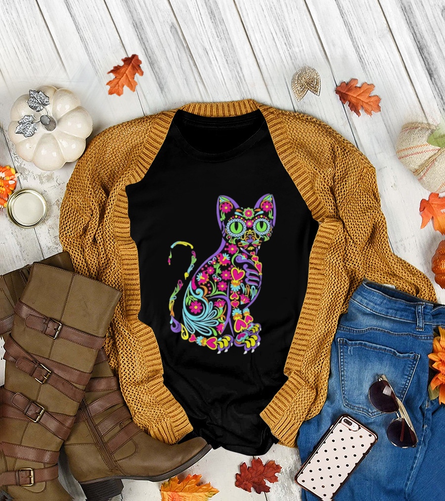Sugar Skull Cat with Vibrant Floral T-Shirt