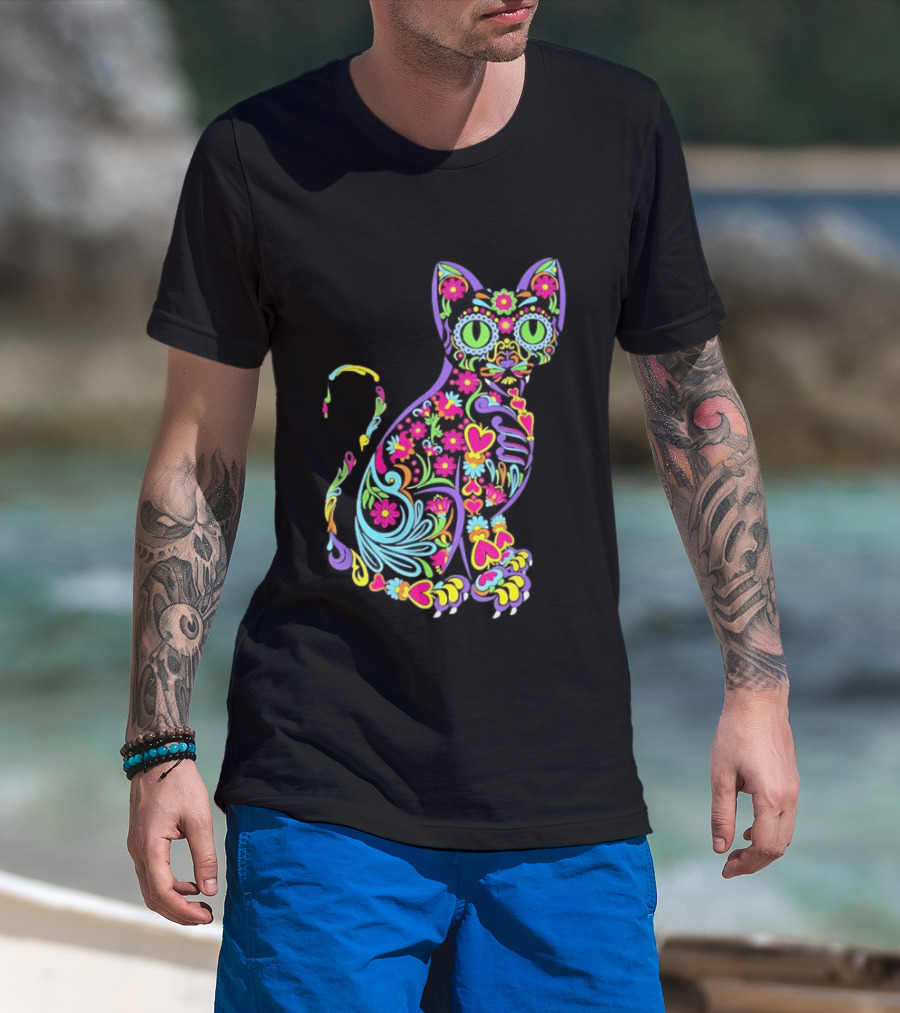 Sugar Skull Cat With Vibrant Floral T-Shirt