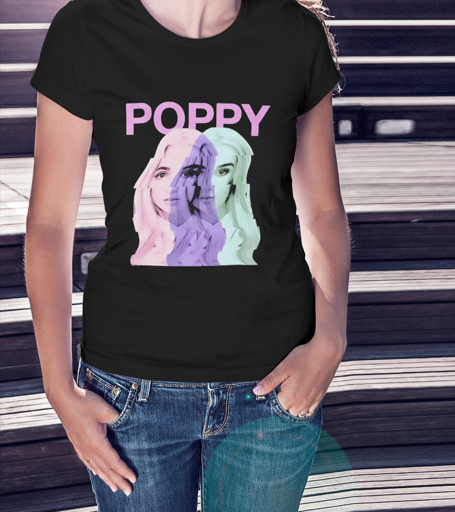 Poppy Digital Muse Glitch Faces Tricolor T-Shirt