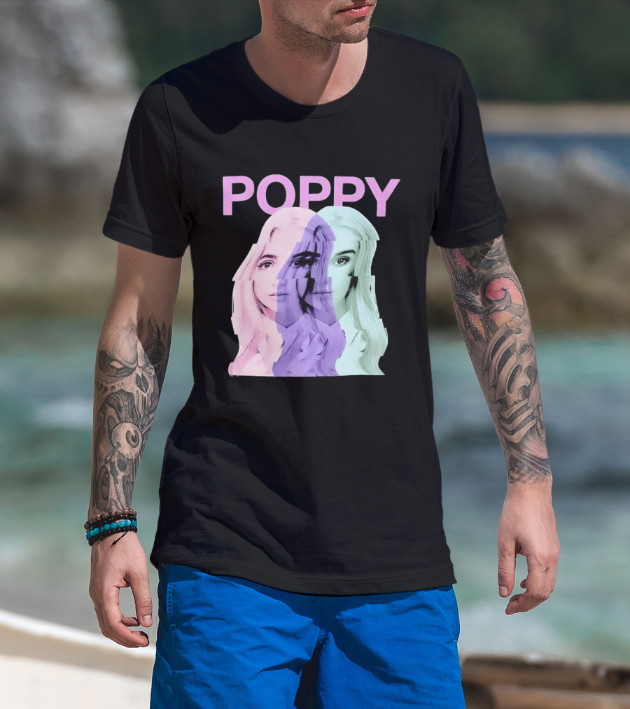 Poppy Digital Muse Glitch Faces Tricolor T-Shirt