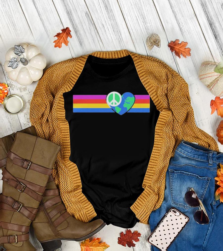 Rainbow Peace Symbol With Earth Heart Shape In Multicolor T-Shirt