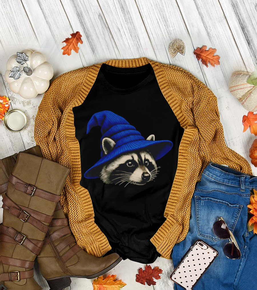 Beanie Raccoon Wizard Cartoon Blue Hat T-Shirt