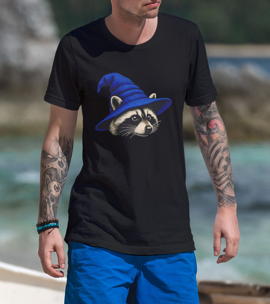 Beanie Raccoon Wizard Cartoon Blue Hat T-Shirt