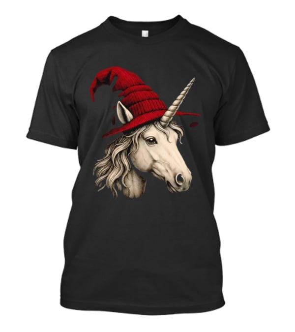 Unicorn With Red Wizard Witch Hat Beanie T-Shirt