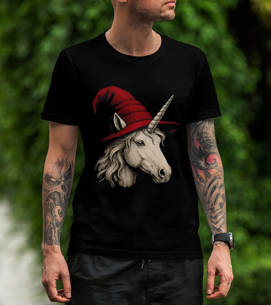 Unicorn With Red Wizard Witch Hat Beanie T-Shirt
