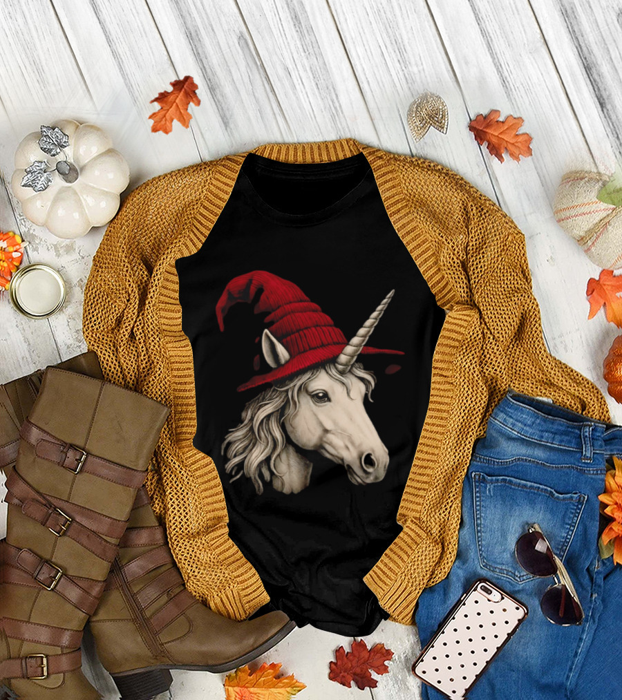 Unicorn with Red Wizard Witch Hat Beanie T-Shirt
