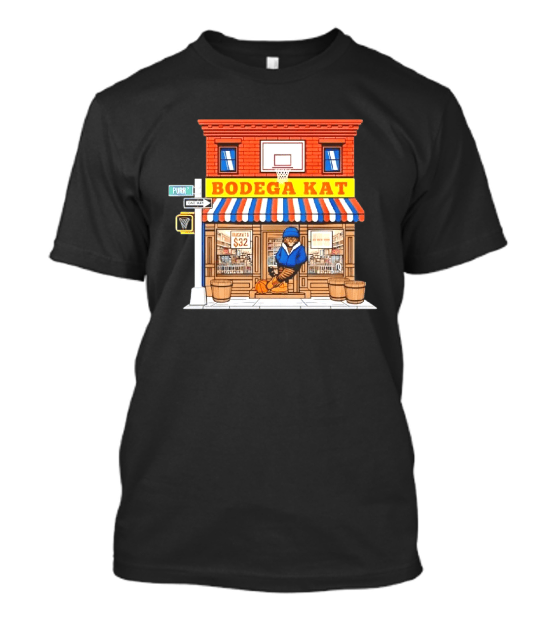 Bodega KAT New York Knicks Basketball Street Scene Purr Street Sign T-Shirt