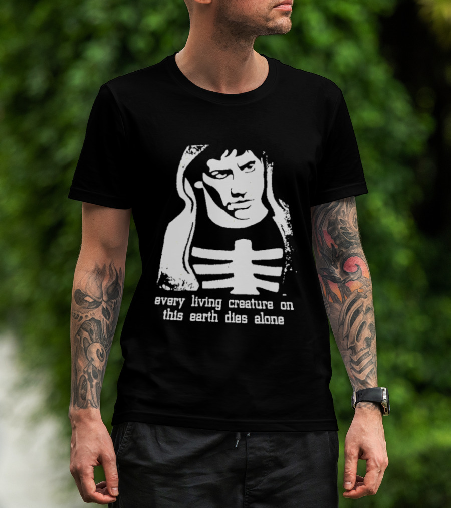 Every Living Creature On This Earth Dies Alone Hooded Man Rib Cage Existential T-Shirt