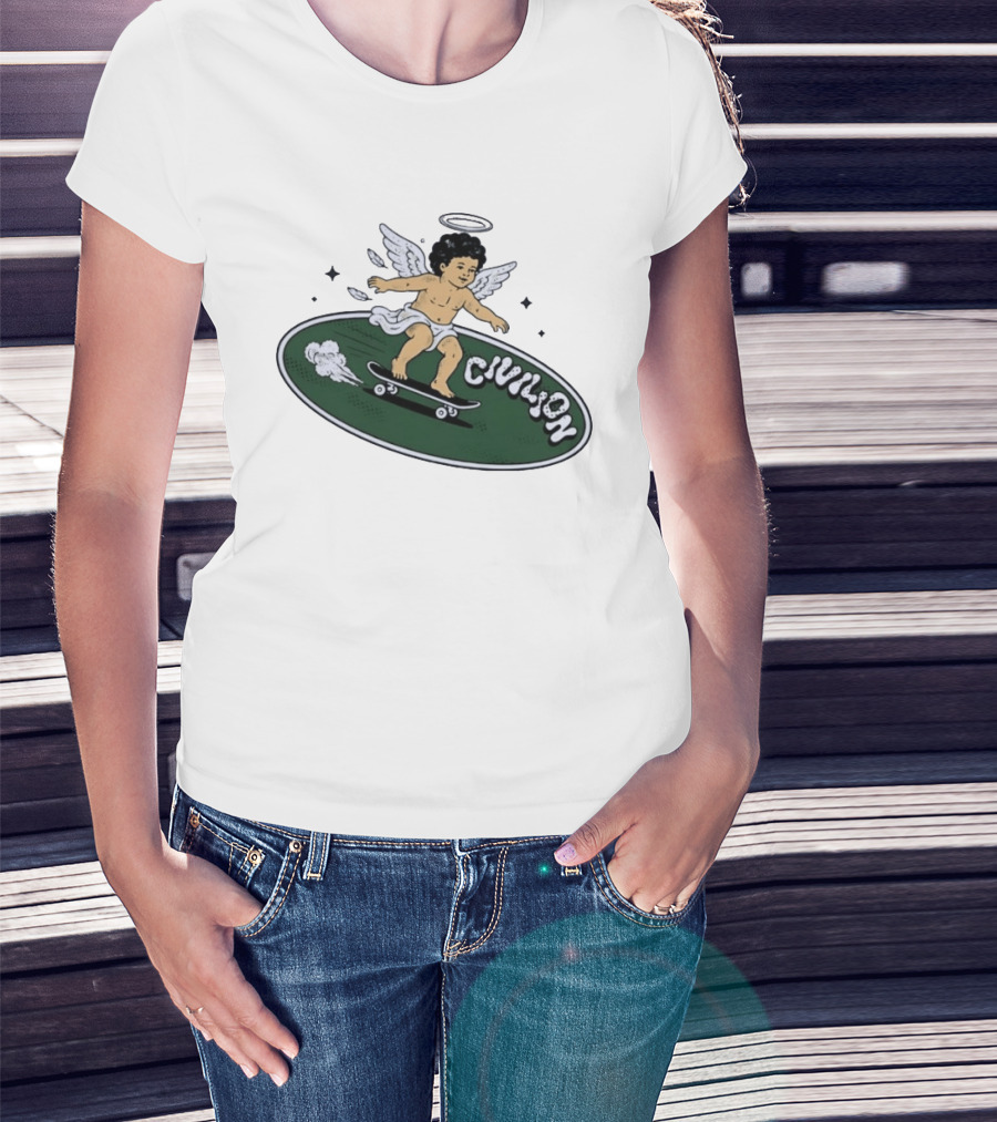 Skateboarding Angel Civilian Halo Wings T-Shirt