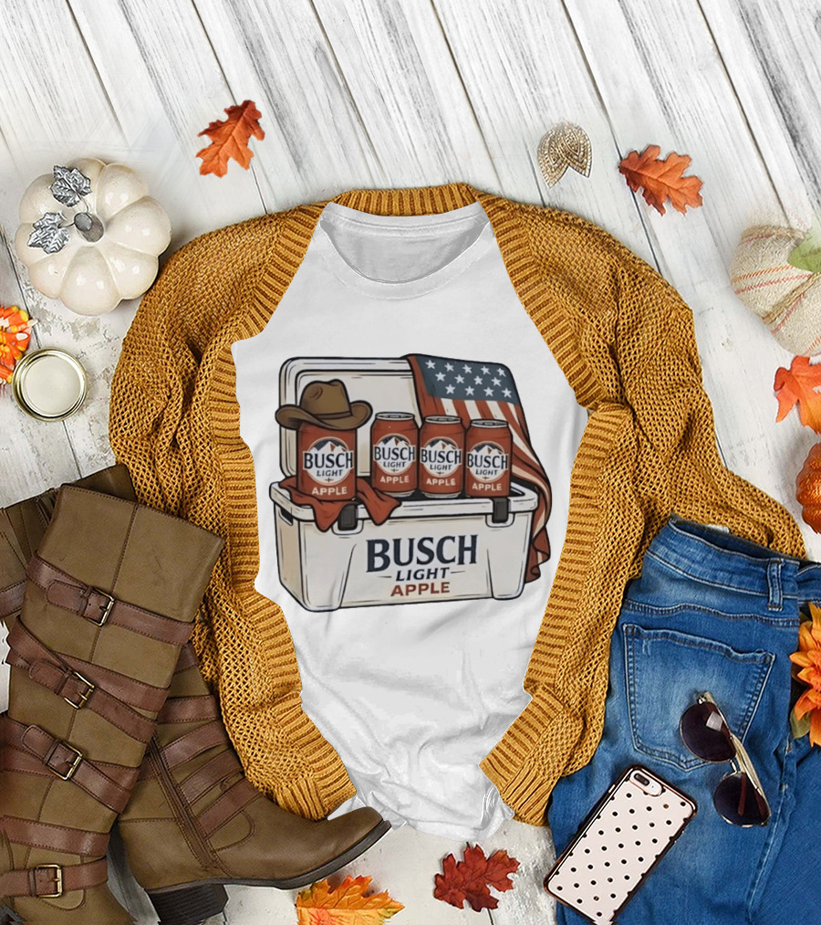 Busch Light Apple American Flag Cowboy Hat Cooler T-Shirt