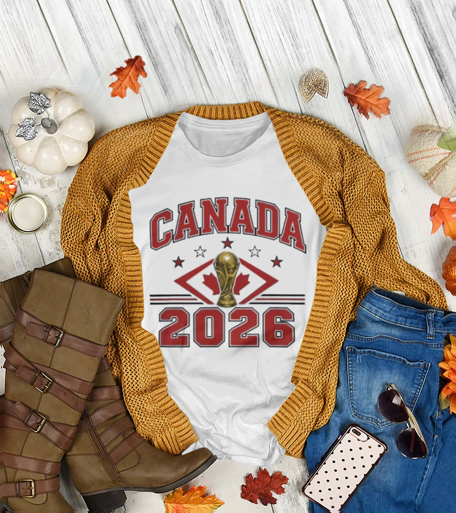 Canada 2026 Football World Cup Trophy and Maple Leaf T-Shirt