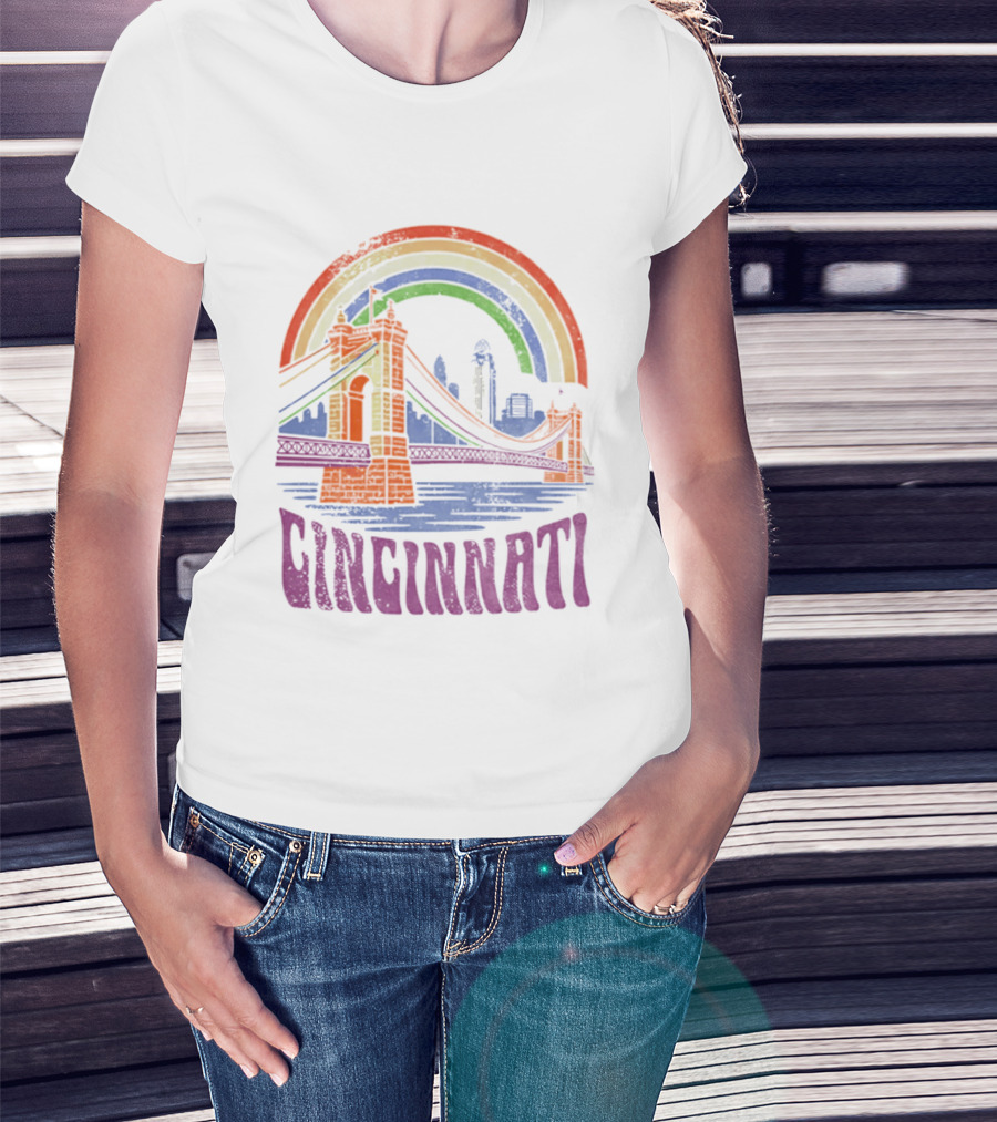 Cincinnati Roebling Bridge Rainbow Skyline Proud Of Our City T-Shirt