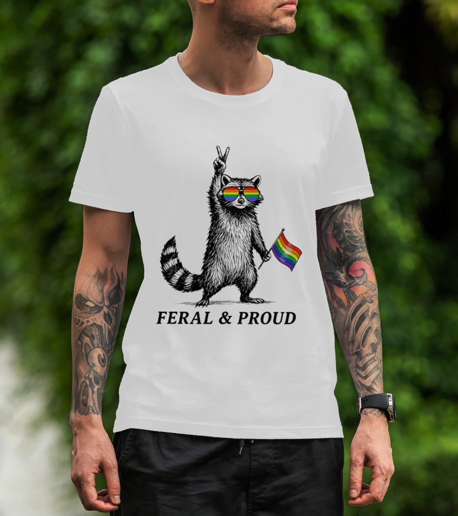 Feral And Proud Raccoon Peace Sign Rainbow Sunglasses Flag T-Shirt