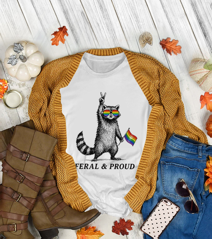 Feral and Proud Raccoon Peace Sign Rainbow Sunglasses Flag T-Shirt